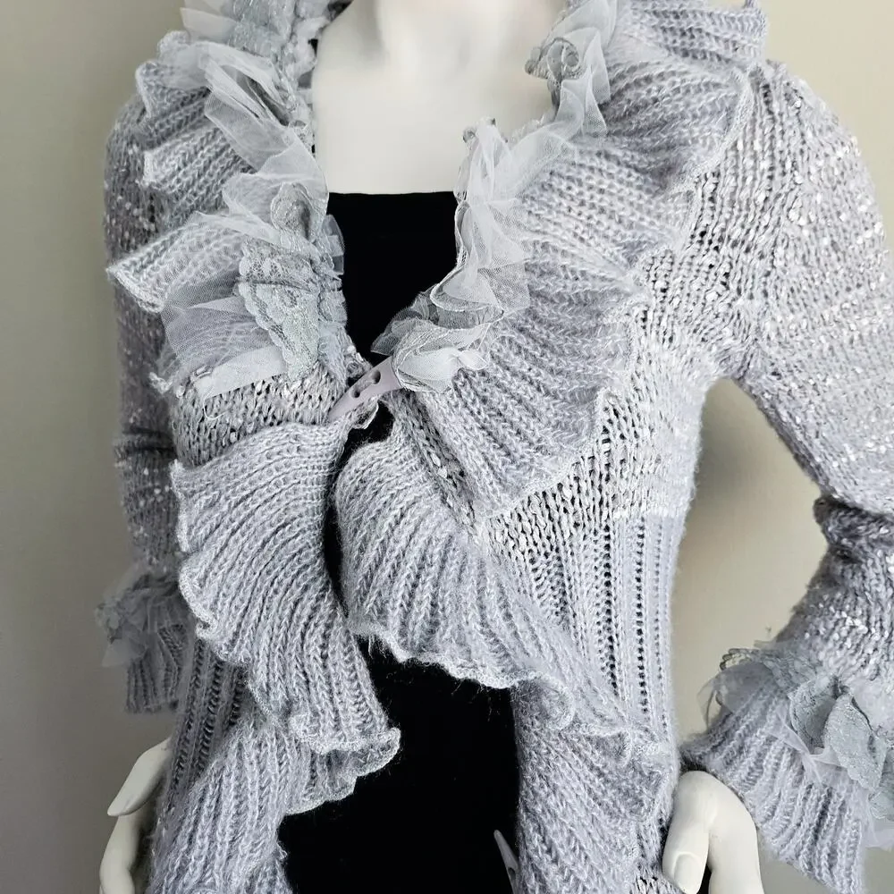 Y2K Whimsy Ruffle Lace Tulle Long Cardigan Witchy Fairy Boho Penny Lane Size S - Picture 6 of 12